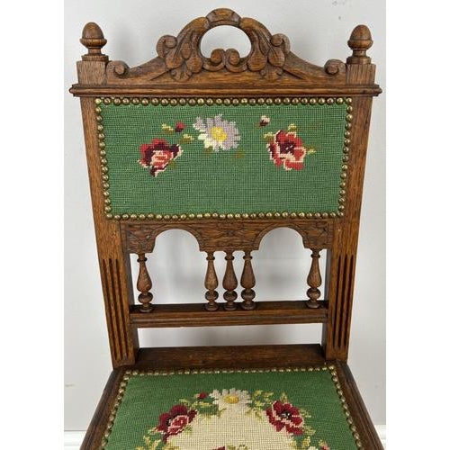 Wood Antique French Oak Floral Upholstered Chairs, Set of 2 For Sale - Image 7 of 11