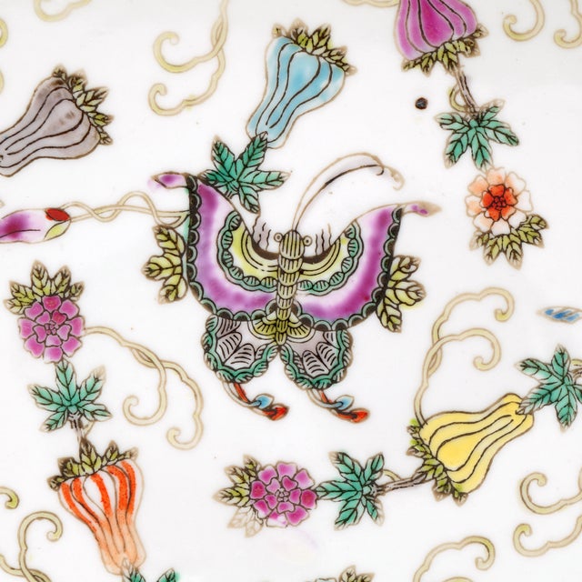 1920s Chinese Jingdezhen Polychrome Butterfly and Melon Tray Republic Era For Sale - Image 5 of 8