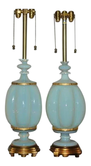 Monumental Marbro Murano White Opaline Glass Lamps