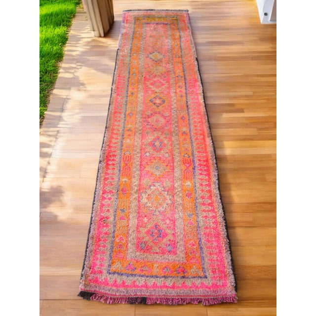 Shabby Chic Hand-Knotted Turkish Kurdish Rug Pink Runner. High Pile Tribal Short Runner 2′8″ × 10′2″ For Sale - Image 3 of 12