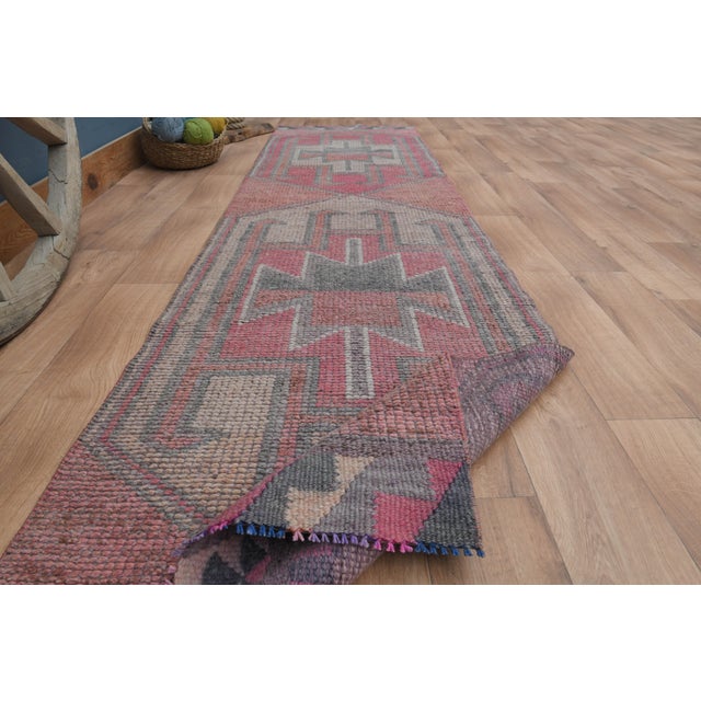 Folk Art 1970s Vintage Turkish Handmade Wool & Cotton Pink Runner Rug For Sale - Image 3 of 11