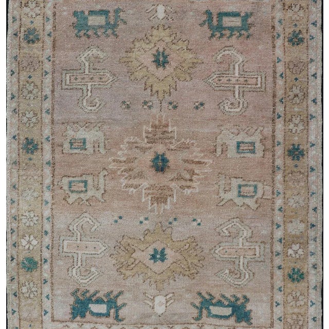 Tribal Turkish Oushak Vintage in Variation of Muted Colors, Tan, Pink, Teal & Lt. Brown 2'5"x4'2" For Sale - Image 3 of 9