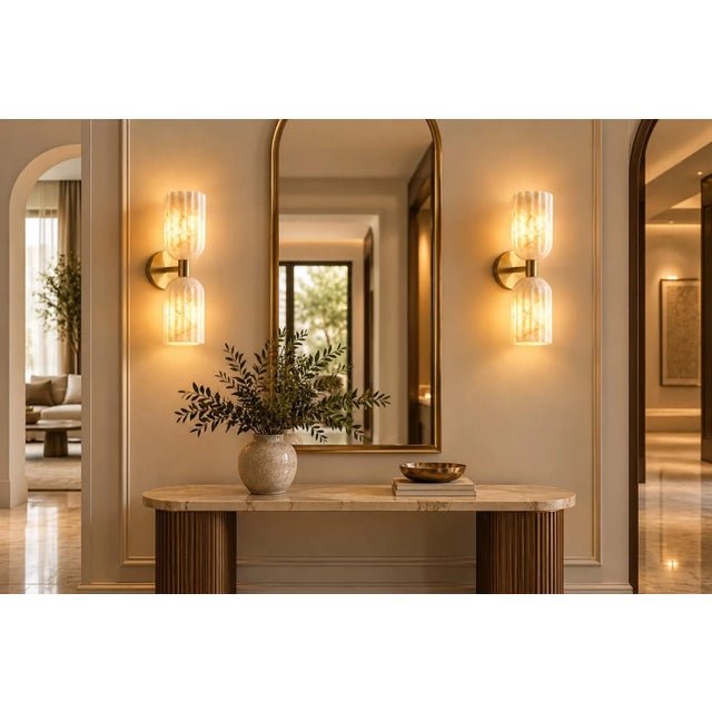 Contemporary Handcrafted Brass & Natural Alabaster, Double Wall Sconces, Bathroom & Bedroom Lighting - Pair For Sale - Image 3 of 9