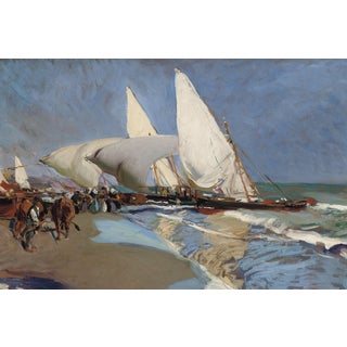 1908 Vintage Valencia Beach Sailboat Art Print by Joaquín Sorolla - 12" X 8" For Sale