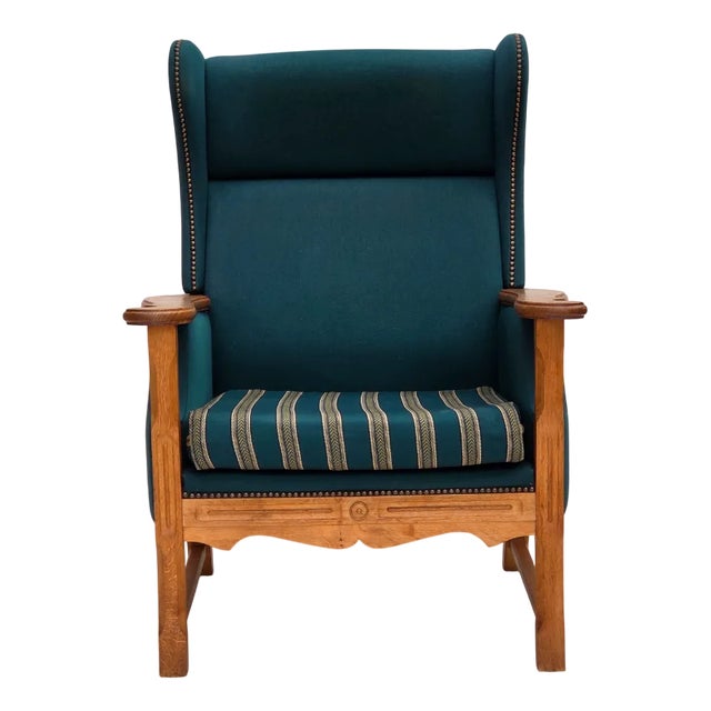 Danish Highback Armchair in Turkis-Green Wool and Oak Wood, 1970s For Sale