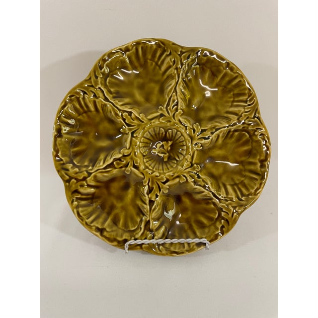 1950s French Gien Majolica Olive Green Oyster Plate For Sale - Image 12 of 16