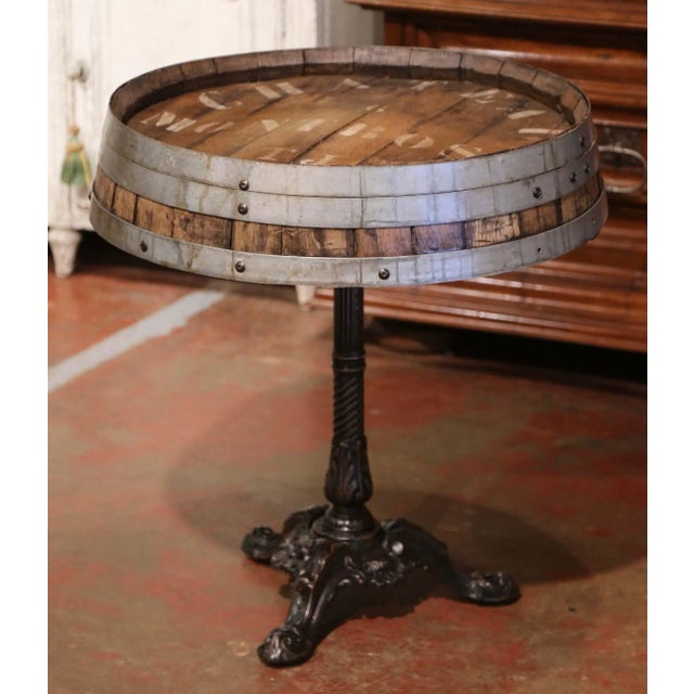Early 20th Century Early 20th Century French Polished Iron Pedestal Table With Oak Wine Barrel Top For Sale - Image 5 of 9