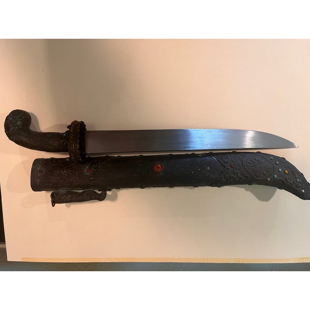 Wood Vintage Sino Tibetan Short Sword Dagger Hand Forged Steel Repousse Scabbard 25" For Sale - Image 7 of 15