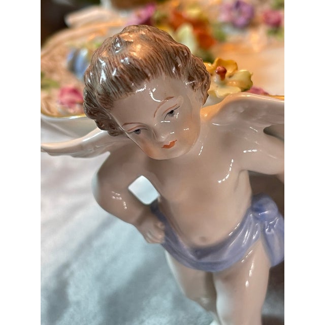 Rococo 1900 - 1909 Dresden Antique Centerpiece Bowl With 3 Cherubs & Putti Flowers Signed Carl Thieme For Sale - Image 3 of 14