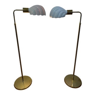 1970s Italian Ceramic Clam Shell Shade Tommaso Barbi Adjustable Brass Floor Lamp Set For Sale