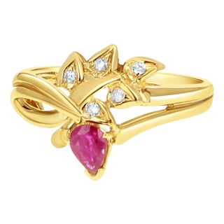 Pear Shaped Ruby & Diamond 14k Yellow Gold, Size 7 For Sale
