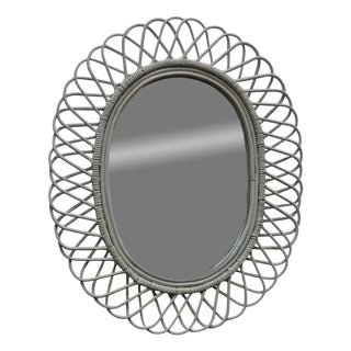 Oval White Rattan and Bamboo Wall Mirror attributed to Franco Albini, 1960s For Sale
