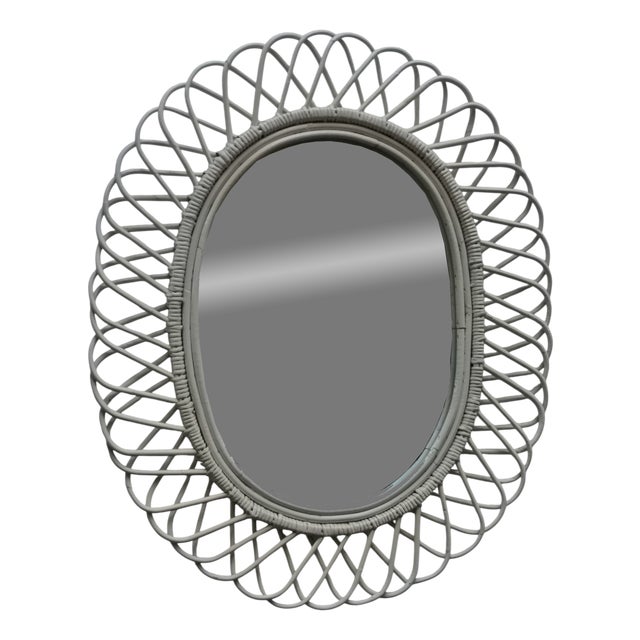 Oval White Rattan and Bamboo Wall Mirror attributed to Franco Albini, 1960s For Sale