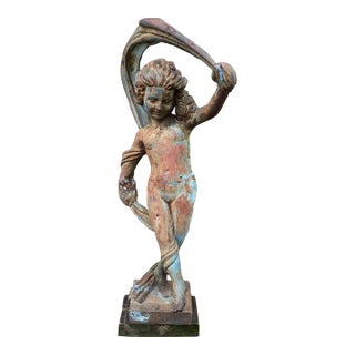 Antique Large Iron Garden Statue " Dancing Nymph With Scarf" on Plinth For Sale