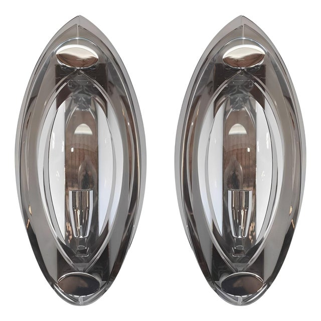 Pair of 1960's Fontana Arte Chrome and Tri-Level Glass Sconces For Sale