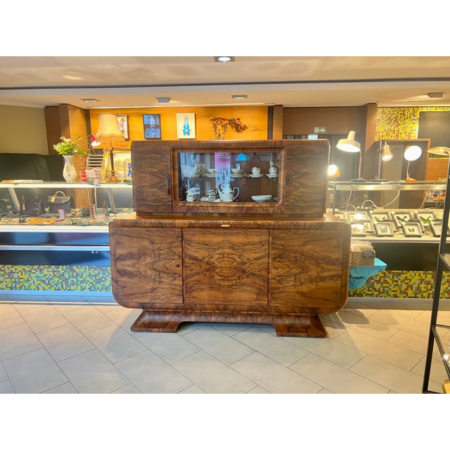 German Art Deco Sculptural Burl Walnut Credenza with Vitrine and Marble Serving Slide, 1932 For Sale - Image 3 of 15