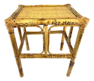 Vintage Mid Century Bamboo and Rattan Side Table With Woven Cane Top