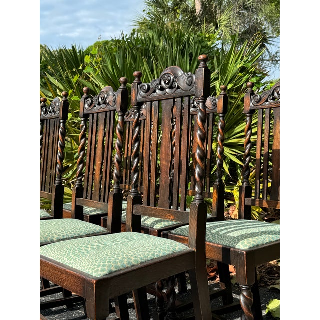 1920s Antique Set of Six Barley Twist Dining Chairs With Teal Leopard Upholstery For Sale - Image 5 of 11
