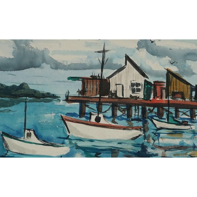 Contemporary Mid Century Modern Nautical Landscape - Sailboats by the Wharf by Bertram Spencer For Sale - Image 3 of 4