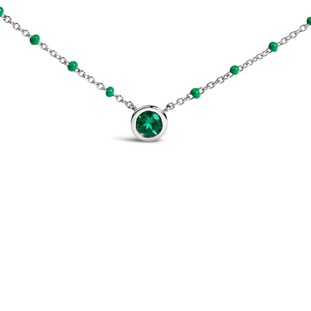 Contemporary Sterling Silver Lab Created Emerald Bead Chain Necklace For Sale - Image 3 of 4