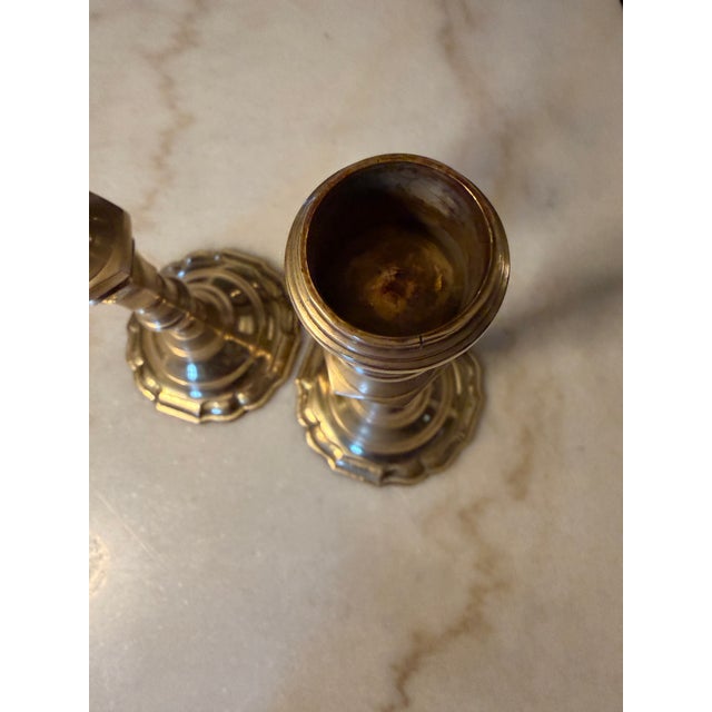 Vintage Solid Brass Taper Candlesticks 9.25” Tall - 4” Scalloped Bases - Pair For Sale - Image 9 of 11