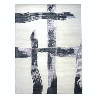 Indo-Napalese Modern Faye Wool & Silk 9x12 Light Grey & Black Handmade Area Rug #1144023 For Sale