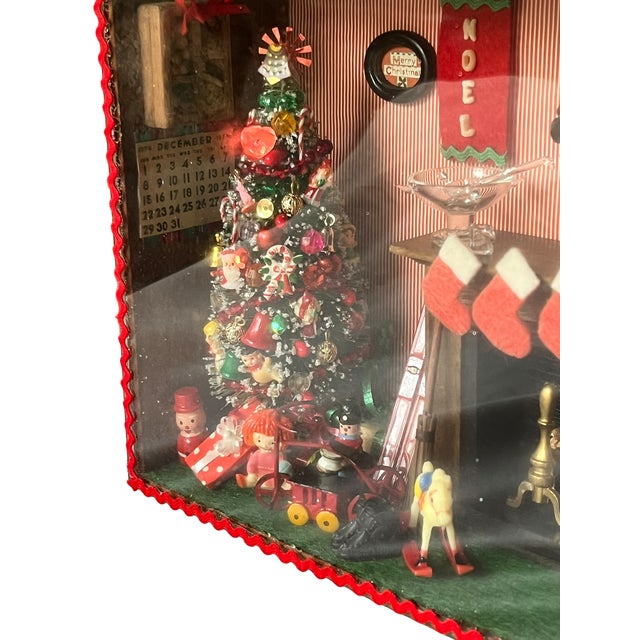 Red Vintage Handmade Christmas Diorama Shadow Box With Miniature Holiday Stocking by the Fire Scene. For Sale - Image 8 of 13