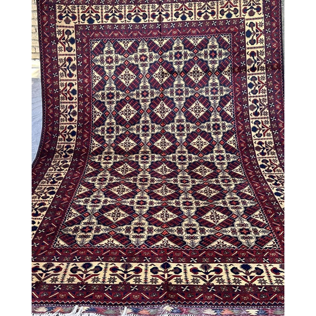 Afghan Turkmen Hand-Knotted Wool Rug, Ivory Star Lattice, 9'10" X 6'8" For Sale - Image 13 of 14
