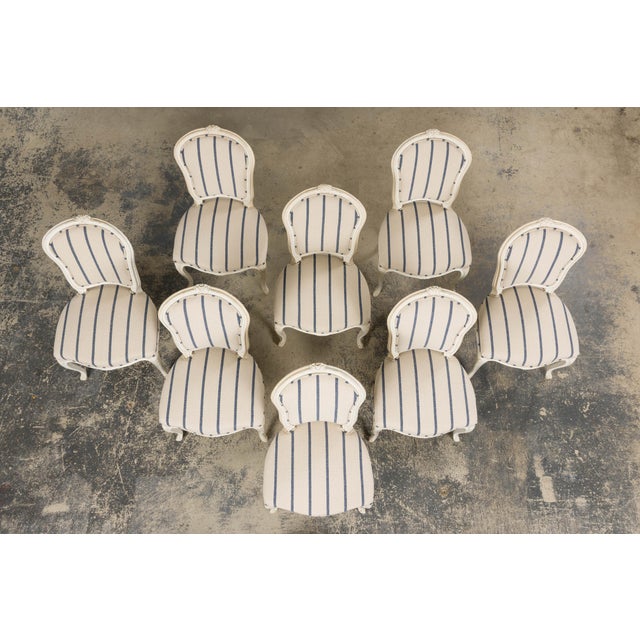 French Provincial Antique French Louis XV Style Painted Provincial Dining Chairs in Striped Jacquard – Set of 8 For Sale - Image 3 of 18