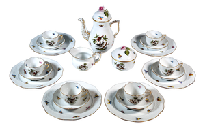 Oiseaux Mocha and Dessert Set for Six Persons from Herend Rothschild, Set of 21
