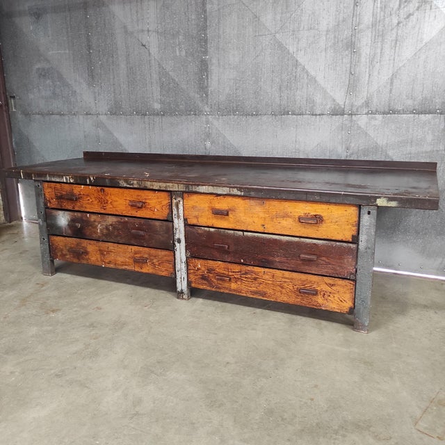 Rustic Industrial Workbench with Wooden Drawers For Sale - Image 3 of 12