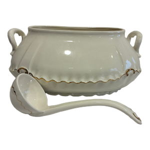 Vintage Ceramic Soup Tureen With Gold Trim and Ladle