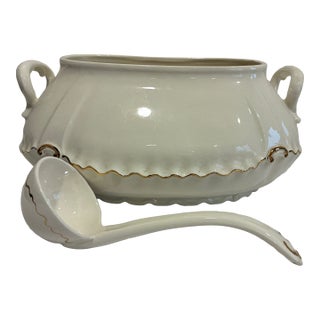 Vintage Mid-Century Modern Cream Ceramic Soup Tureen With Gold Trim and Ladle For Sale