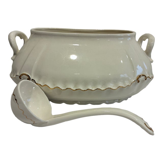 Vintage Mid-Century Modern Cream Ceramic Soup Tureen With Gold Trim and Ladle For Sale