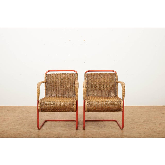 Side Table with Armchairs in Red Lacquered Tubular Steel, 1920s, Set of 3 For Sale - Image 14 of 18
