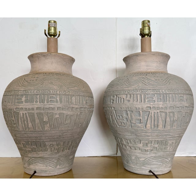 Brutalist Pair Textured Brutalist Terracotta Table Lamps From 70's For Sale - Image 3 of 5