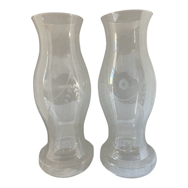 Etched Clear Glass Candle Hurricanes a Pair For Sale