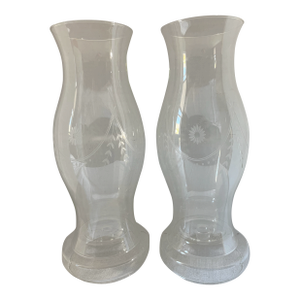 Etched Clear Glass Candle Hurricanes a Pair