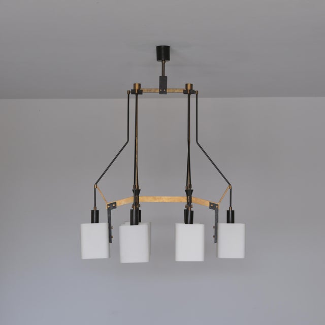 Italian Six-Light Chandelier in Brass, Black Metal and Opaline Glass, 1950s For Sale - Image 9 of 16