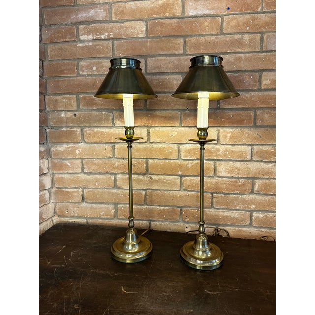 Pair of Vintage Stiffel Brass Candlestick Lamps With Brass Shades For Sale - Image 10 of 10