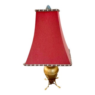 1980s Petite French Egg-Form Footed Metal Lamp With Detailed Red Shade and Pinecone Finial For Sale