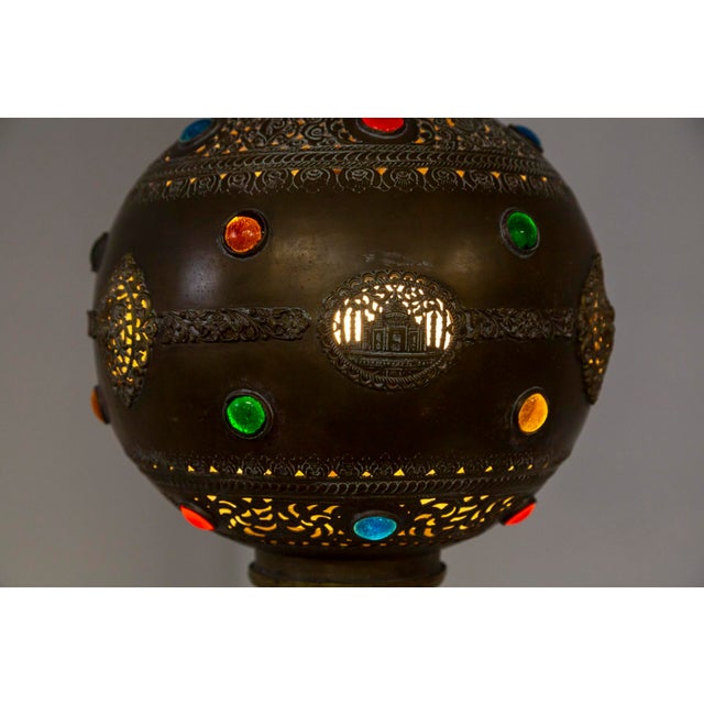 Elongated Indian Gulab Pash Form Bejeweled & Pierced Brass Pendant Light For Sale - Image 9 of 11