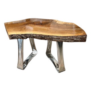 Late 20th Century One-of-a-Kind Live Edge Burl Wood Side Table With Sculptural Chrome Legs For Sale