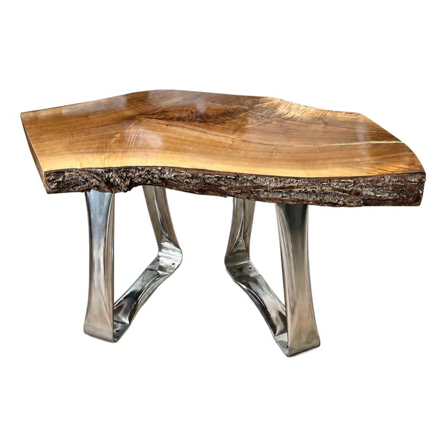 Late 20th Century One-of-a-Kind Live Edge Burl Wood Side Table With Sculptural Chrome Legs For Sale