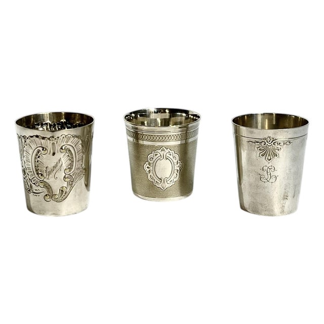 Set of 3 French Art Deco Silverplate Cups | Engraved Goblets or Match Holders For Sale