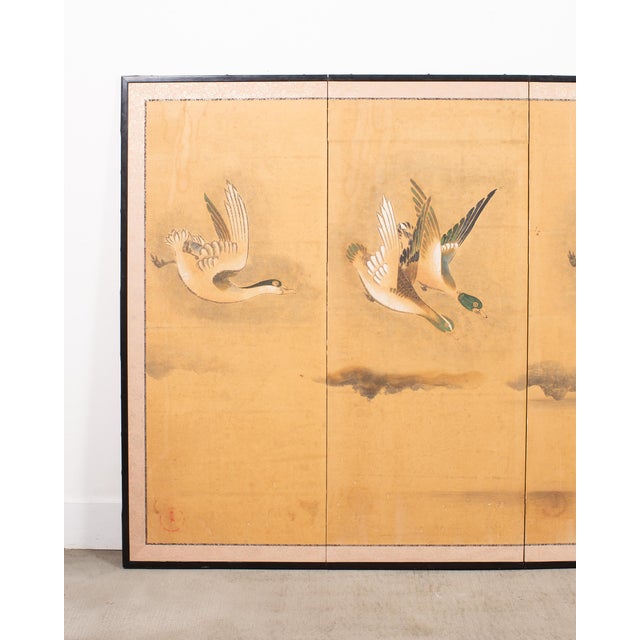 Japanese Japanese Meiji Four Panel Screen Ducks and Geese in Flight For Sale - Image 3 of 18