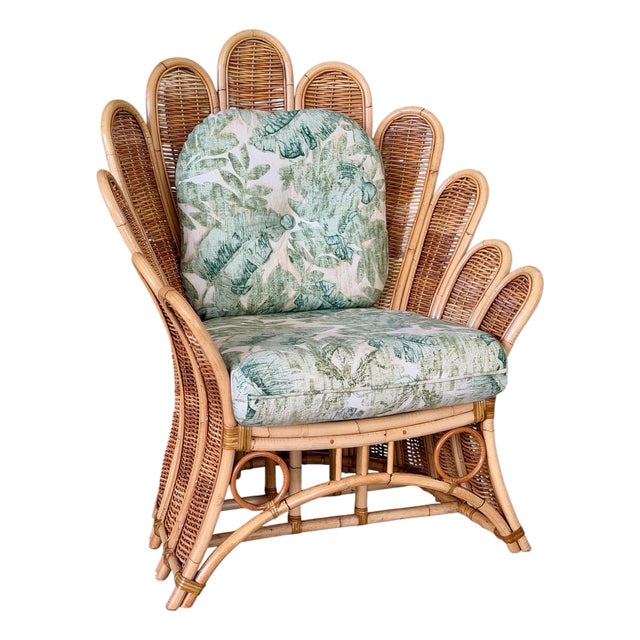 Vintage Sculptural Rattan Fan Back Palm Frond Lounge Chair For Sale