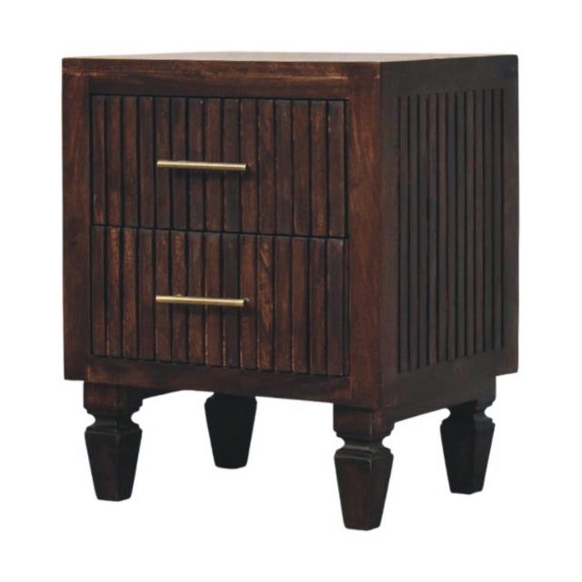 The Belmont nightstand showcases refined craftsmanship through its vertically fluted drawer fronts and rich Velvet Mocha...