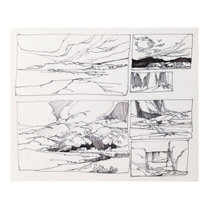 Six Panel Thumbnail Sketches of Desert and Canyon Landscapes in Ink on Paper by Laurence Sisson
