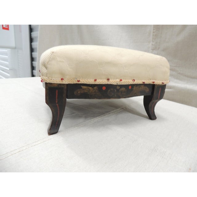 Antique Black & Red Folk Art Petite Footstool Beige silk upholstery and glass beads trim all around. Black paint with gold...